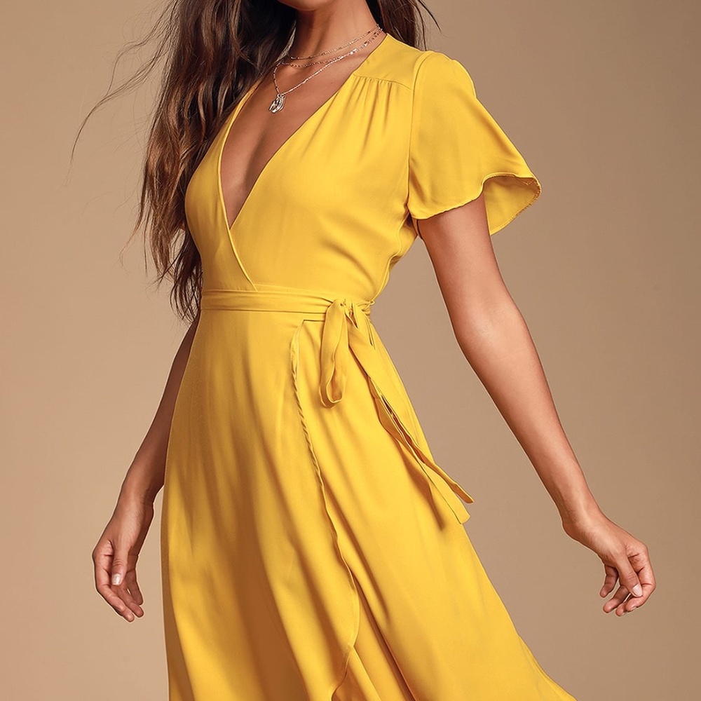 Lulus Rise to the Occasion Golden Yellow Midi Wrap Dress